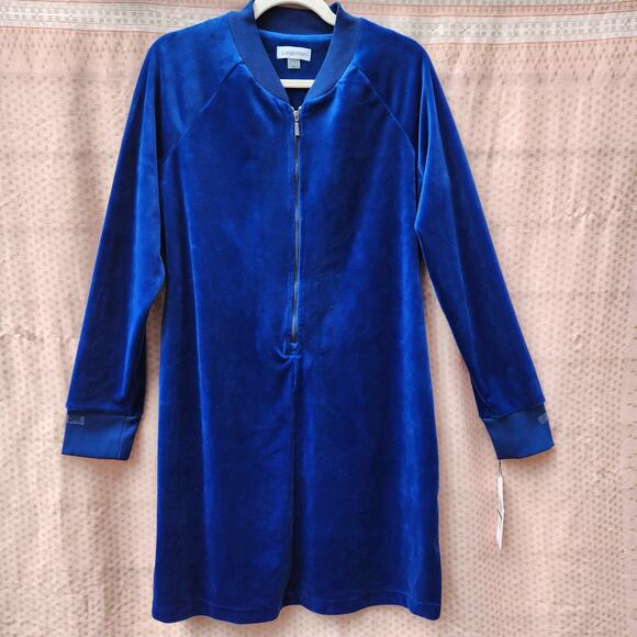NWT Calvin Klein Velvet Royal Blue Zipper Front Loose Fit Sheath Dress size L - Picture 1 of 7